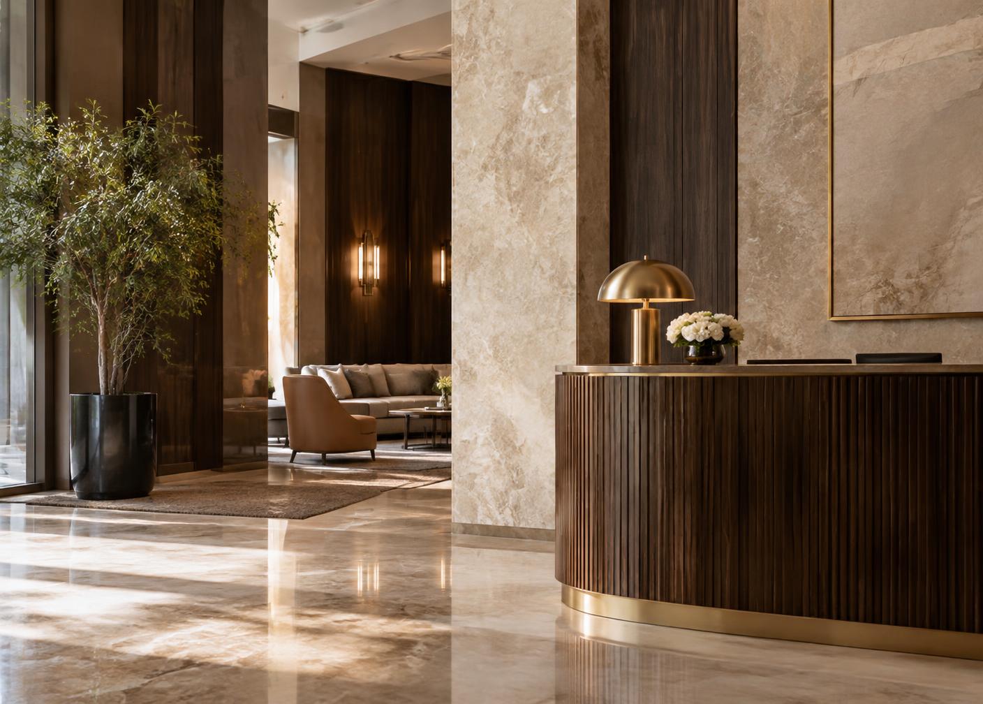 Hotel lobby with marble, dark wood and brass detailing