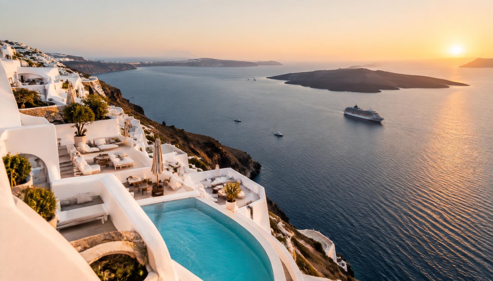 Coastal resort terraces at golden hour